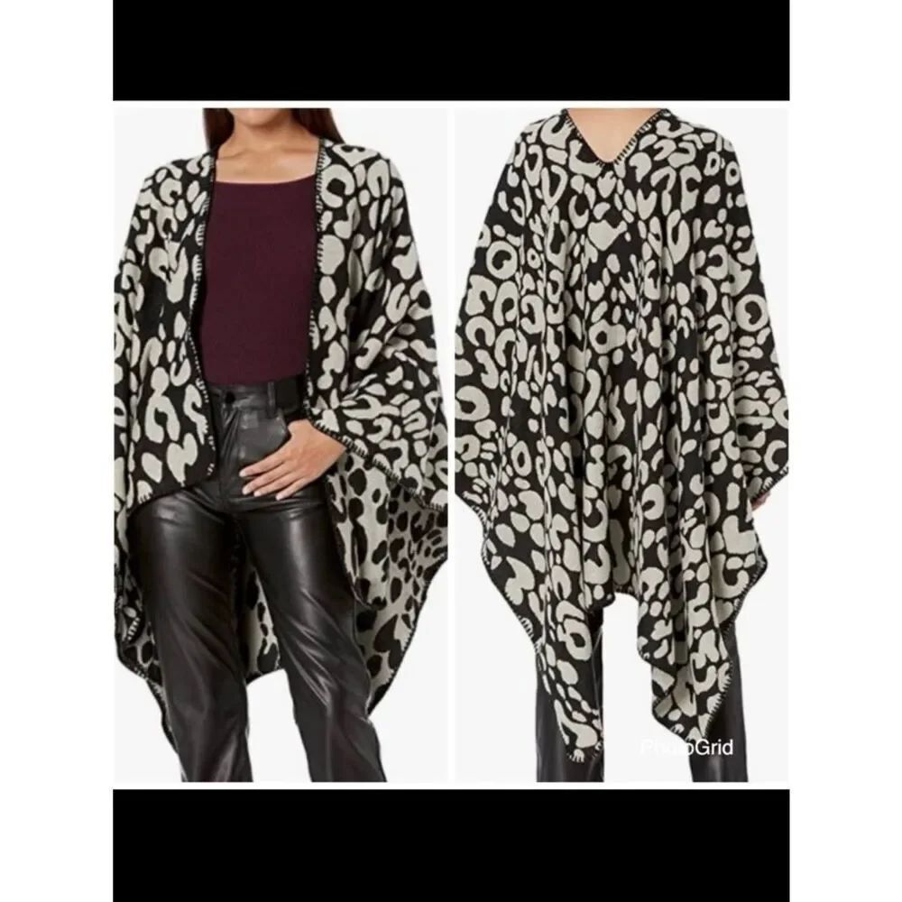 NWT OS Steve Madden Leopard Black Grey Reversible Poncho Cape Ruana Animal print
